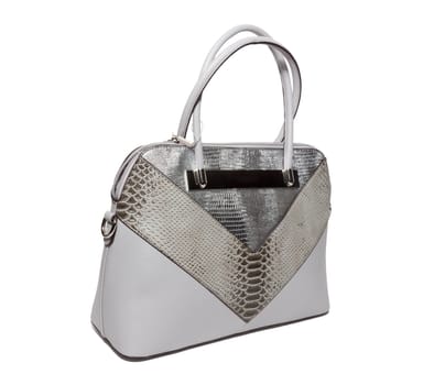 The photograph shows a female handbag on a white background