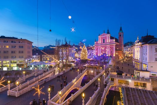 Romantic Ljubljana's city center decorated for Christmas holiday. Preseren's square, Ljubljana, Slovenia, Europe. Horizontal composition.