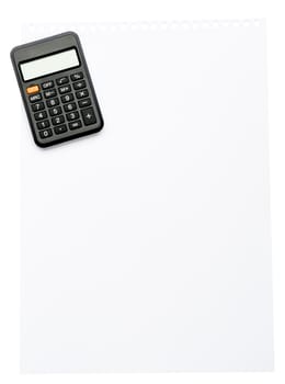 Piece of paper with calculator on isolated white background