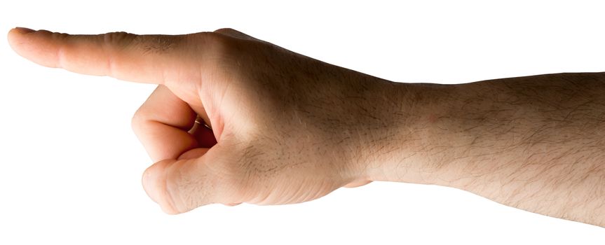 Human hand pointing on isolated white background