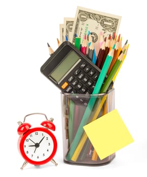 Alarm clock with cash and calculator isolated on white background, closeup