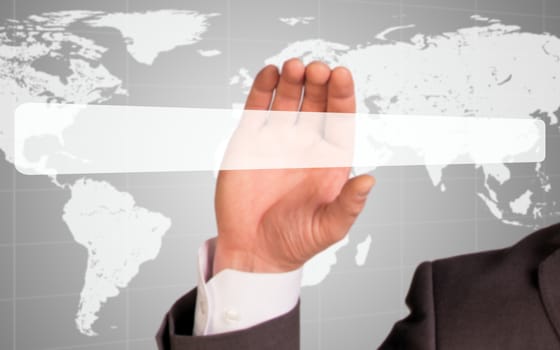Businessman holding empty line on abstract background with world map