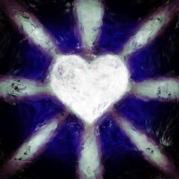 Graphic illustration of a white heart with beams and blue background