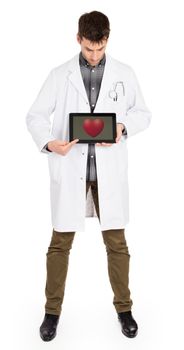 Doctor holding tablet, isolated on white - Red heart