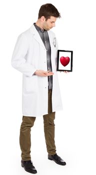 Doctor holding tablet, isolated on white - Red heart