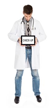 Doctor, isolated on white backgroun,  holding digital tablet - Check-up