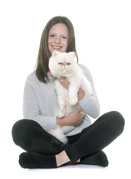 white persian cat and teenager in front of white background