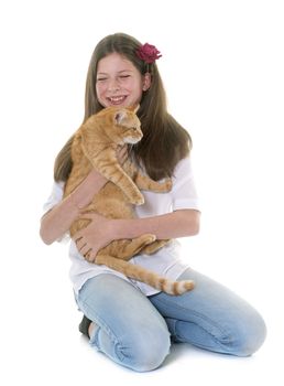 ginger cat and teenager in front of white background