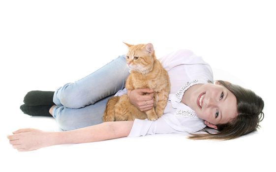 ginger cat and teenager in front of white background