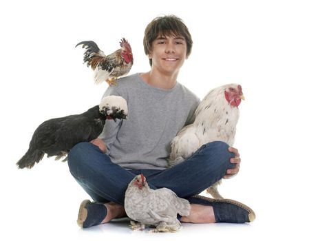 teen and chicken in front of white background