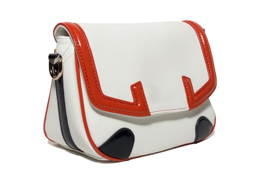 The photograph shows a female handbag on a white background