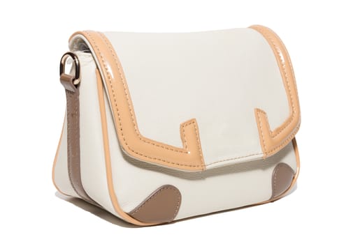 The photograph shows a female handbag on a white background