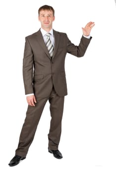 Business man presenting something on white background