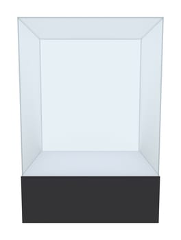 Glass cube on pedestal. 3d illustration on white background