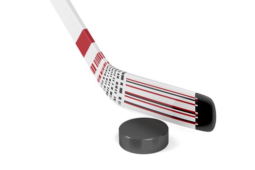 Ice hockey stick and puck on white background 