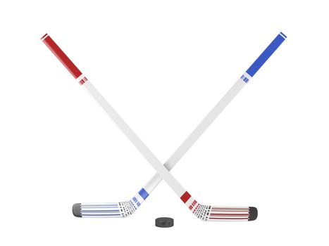 Ice hockey sticks and puck on white background, 3d illustration 