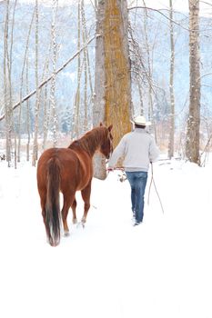 Young cowboy with his horse in a snow forest