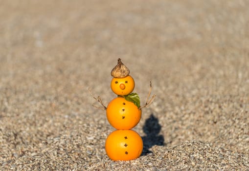 Snowman made of oranges near the sea