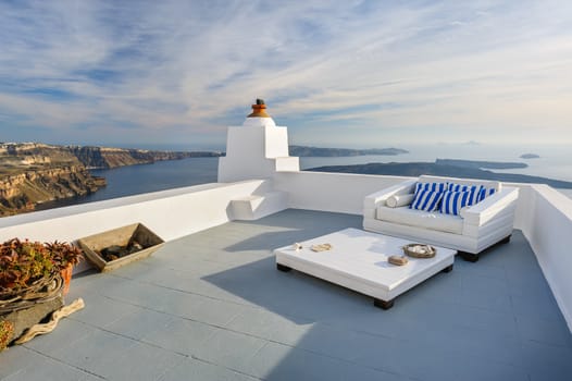 View of Firostefani luxury decks and patios, Santorini Greece. Copyspace