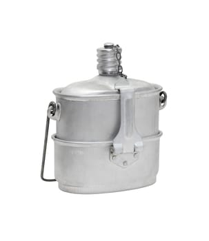 Old aluminum flask on white background. Isolated with clipping path