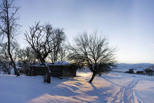 Carpathian mountain valley covered with fresh snow. Majestic landscape. Ukraine, Europe