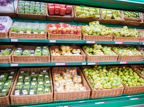 Fresh fruits on shelf in supermarket. For healthy concept