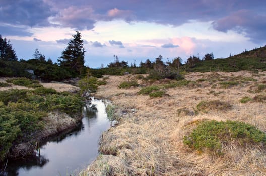 Beauty of Northern nature. Mountain river in spring landscape