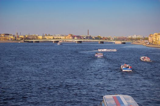 touristic ships on Neva river, sankt petersburg