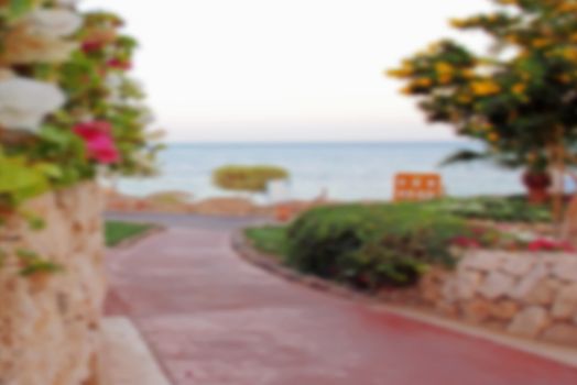 path to the ocean or the sea beach with beds of flowers in an exotic hotel, blurred