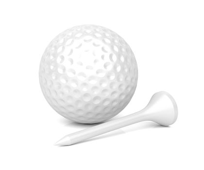 Tee and golf ball on shiny white background