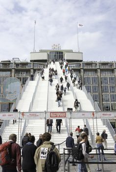 ROTTERDAM,HOLLAND-MAY 18, Unidentified  people at a giant staircase with 180 steps from the station to the Groothandelsgebouw on May 18 2016 in Rottrerdam, a nod to 75 years rebuilding the city