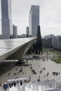 ROTTERDAM,HOLLAND-MAY 18, Unidentified  people at a giant staircase with 180 steps from the station to the Groothandelsgebouw on May 18 2016 in Rottrerdam, a nod to 75 years rebuilding the city