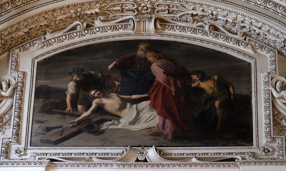 11th Stations of the Cross, Crucifixion: Jesus is nailed to the cross, fragment of the dome in Salzburg Cathedral on December 13, 2014 in Salzburg, Austria.