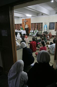 Sisters of The Missionaries of Charity of Mother Teresa at Mass in the chapel of the Mother House, Kolkata, India at January 30, 2019.