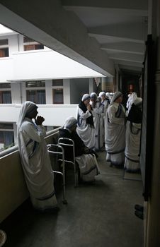 Sisters of The Missionaries of Charity of Mother Teresa at Mass in the chapel of the Mother House, Kolkata, India at January 30, 2019.