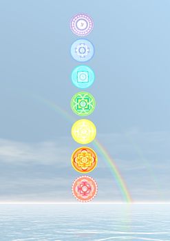 Seven chakra symbols column and rainbow in blue background - 3D render