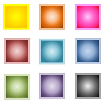 Set of nine colorful square buttons isolated in white background