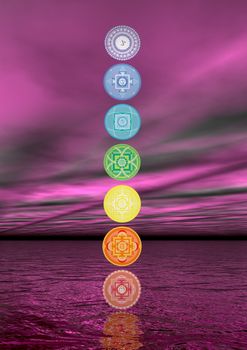 Seven chakra symbols column in violet boreal aurora background - 3D render