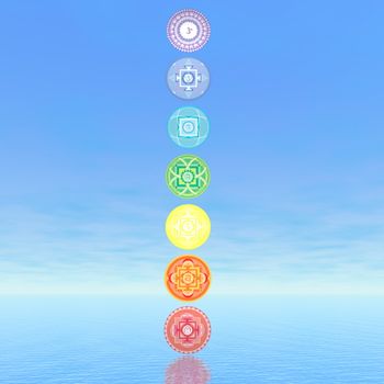 Seven chakra symbols column in blue background - 3D render