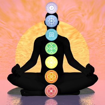 Seven chakra symbols column on black human being in orange sunset background with big sun - 3D render