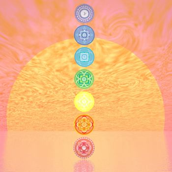 Seven chakra symbols column in orange sunset background with big sun - 3D render
