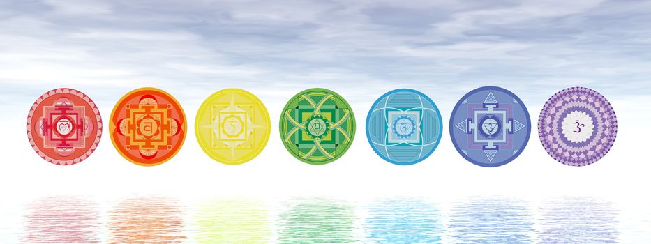 Seven chakra symbols line upon water in blue background - 3D render