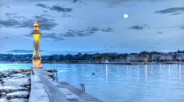 Lighthouse at the Paquis by night, Geneva, Switzerland, HDR