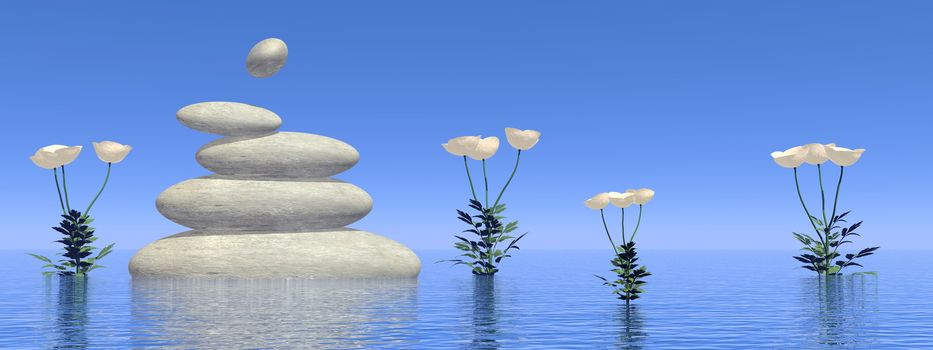 White poppies next to balanced stones upon water by day - 3D render
