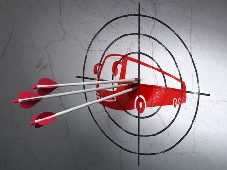 Success tourism concept: arrows hitting the center of Red Bus target on wall background, 3D rendering