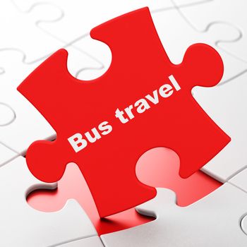 Travel concept: Bus Travel on Red puzzle pieces background, 3D rendering
