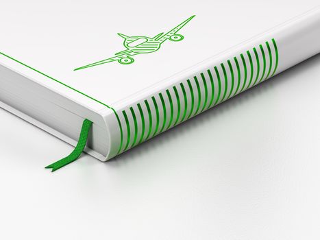 Tourism concept: closed book with Green Aircraft icon on floor, white background, 3D rendering