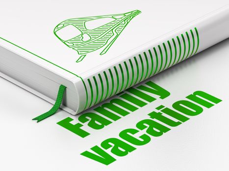 Vacation concept: closed book with Green Train icon and text Family Vacation on floor, white background, 3D rendering