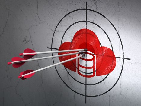 Success Programming concept: arrows hitting the center of Red Database With Cloud target on wall background, 3D rendering