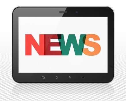 News concept: Tablet Pc Computer with Painted multicolor text News on display, 3D rendering